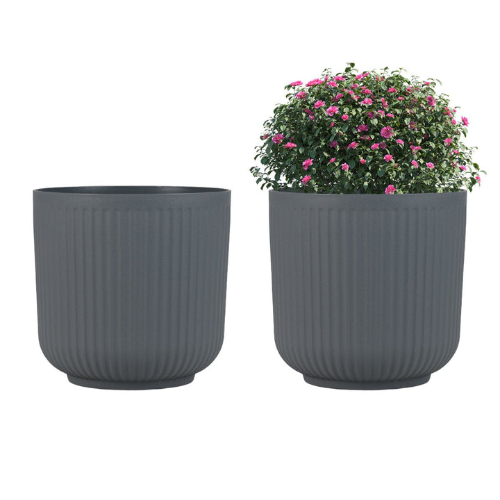 Round Plastic Planters Set of 2 with Optional Drainage System-Grey