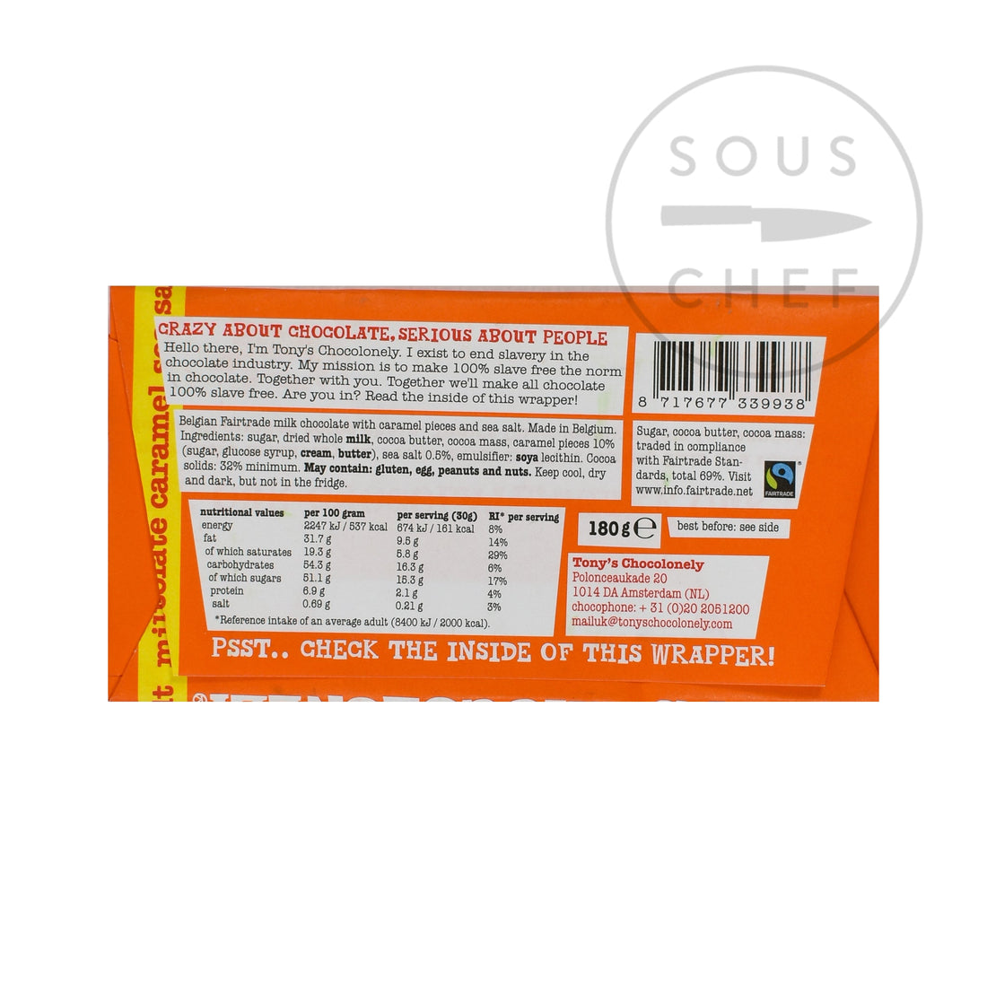 Tony's Chocolonely Milk Chocolate Caramel & Sea Salt, 180g