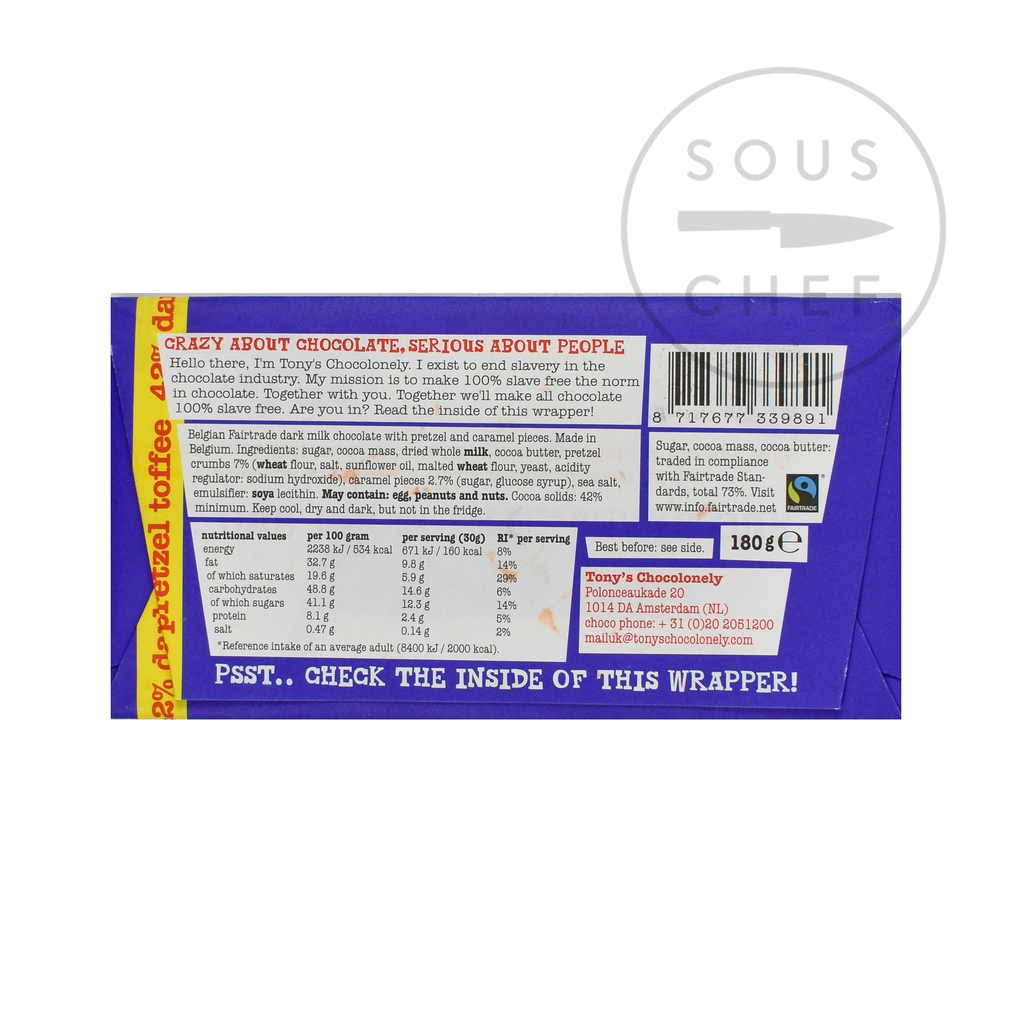 Tony's Chocolonely Dark Milk Chocolate, Pretzel & Toffee, 180g