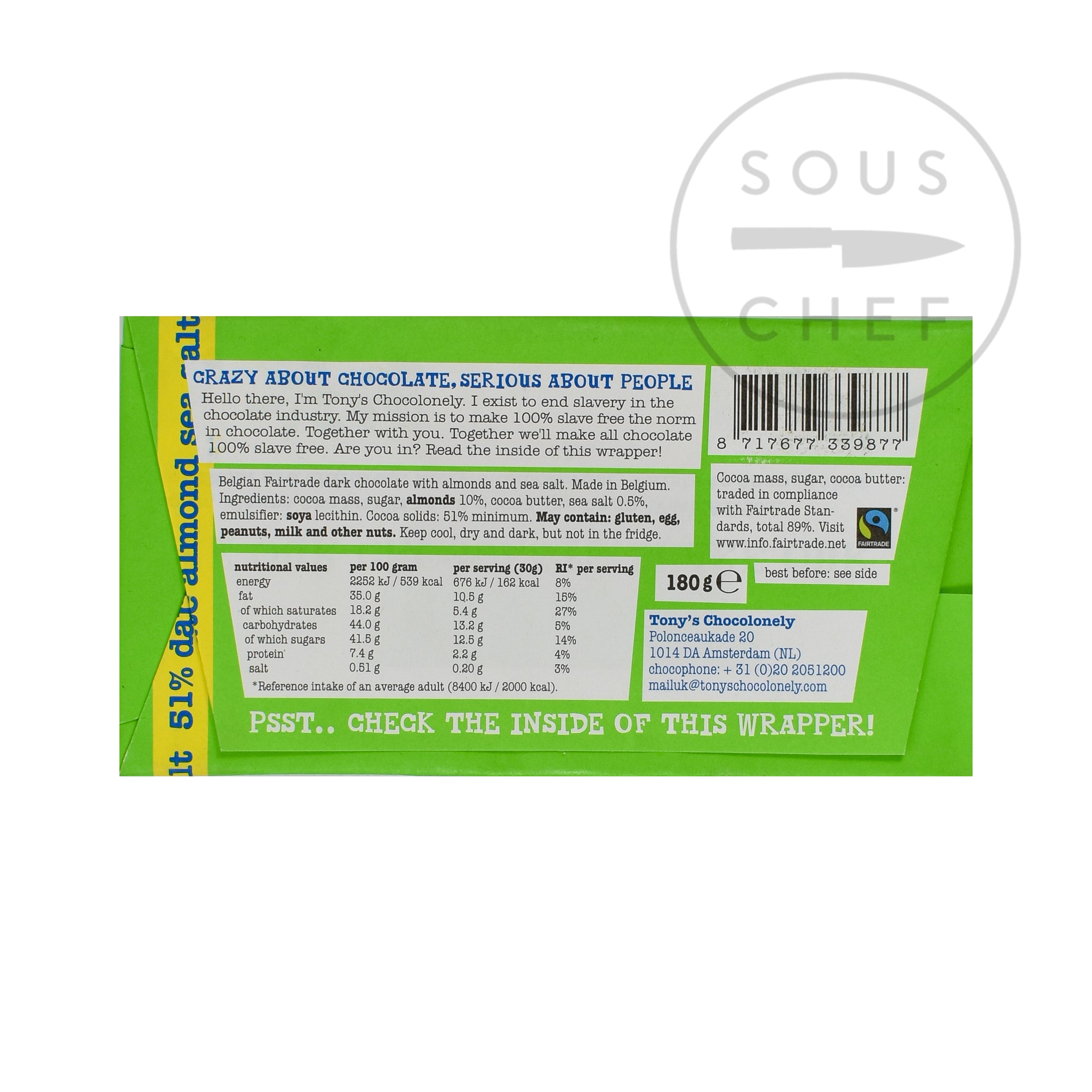 Tony's Chocolonely Dark Chocolate Almonds & Sea Salt, 180g