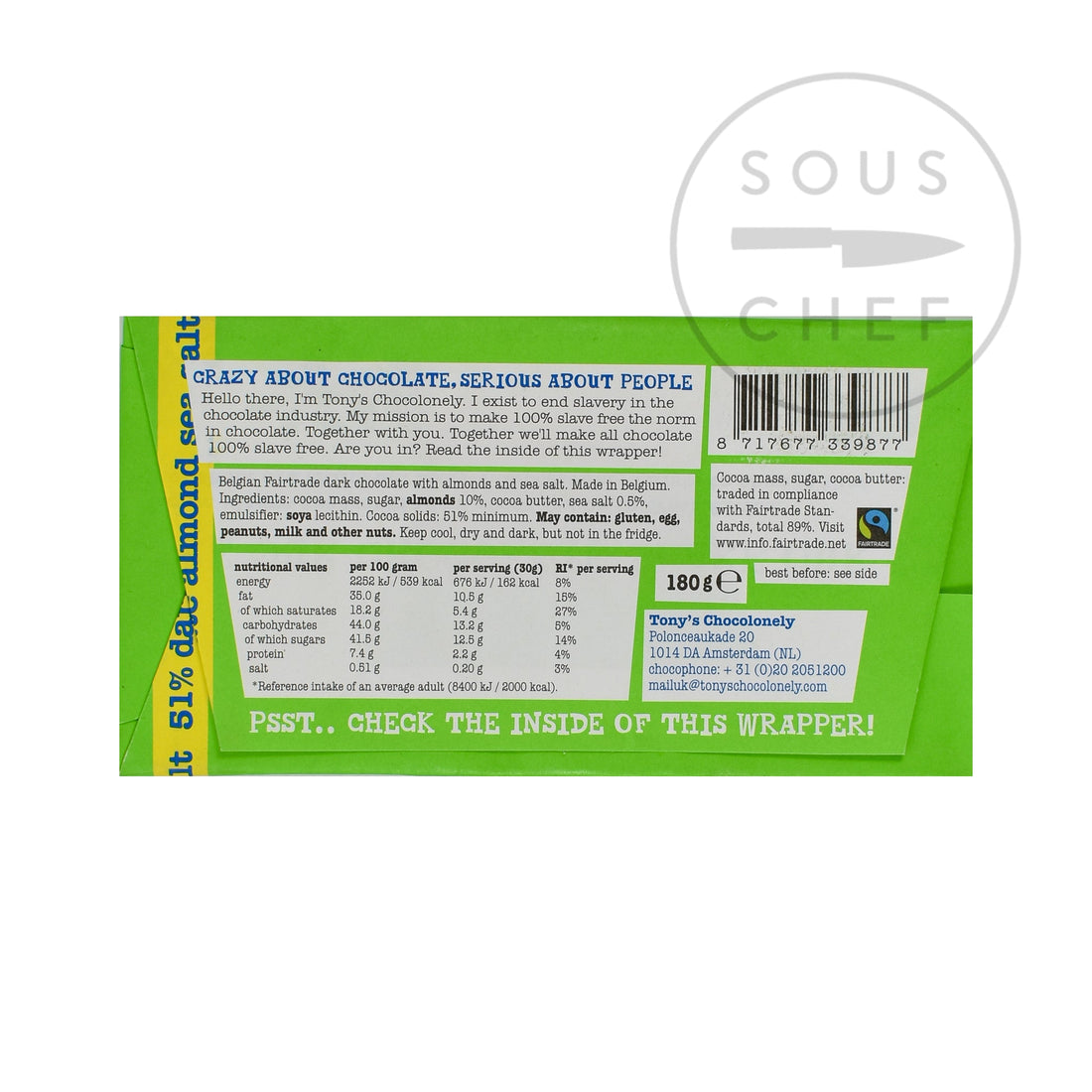 Tony's Chocolonely Dark Chocolate Almonds & Sea Salt, 180g