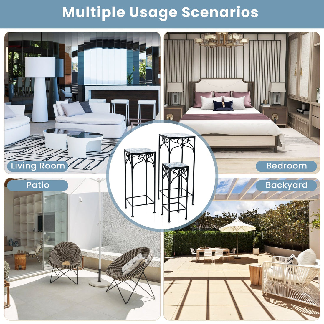 Set of 3 Metal Plant Stands with Mosaic Tile - Blue Accent Furniture for Indoor/Outdoor Gardening - Ideal Solution for Displaying Plants in Style