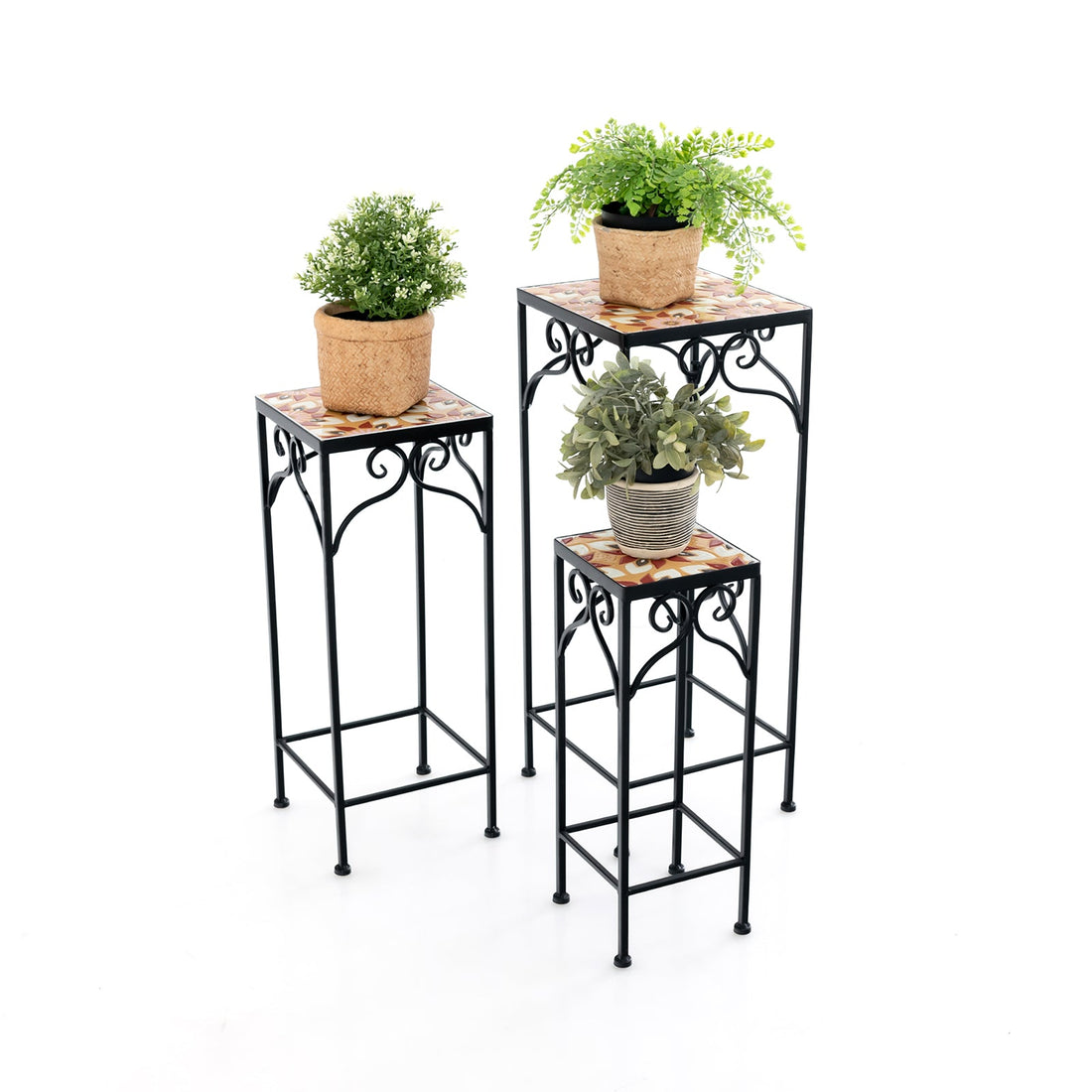 Set of 3 Metal Plant Stands with Mosaic Tile - Blue Accent Furniture for Indoor/Outdoor Gardening - Ideal Solution for Displaying Plants in Style