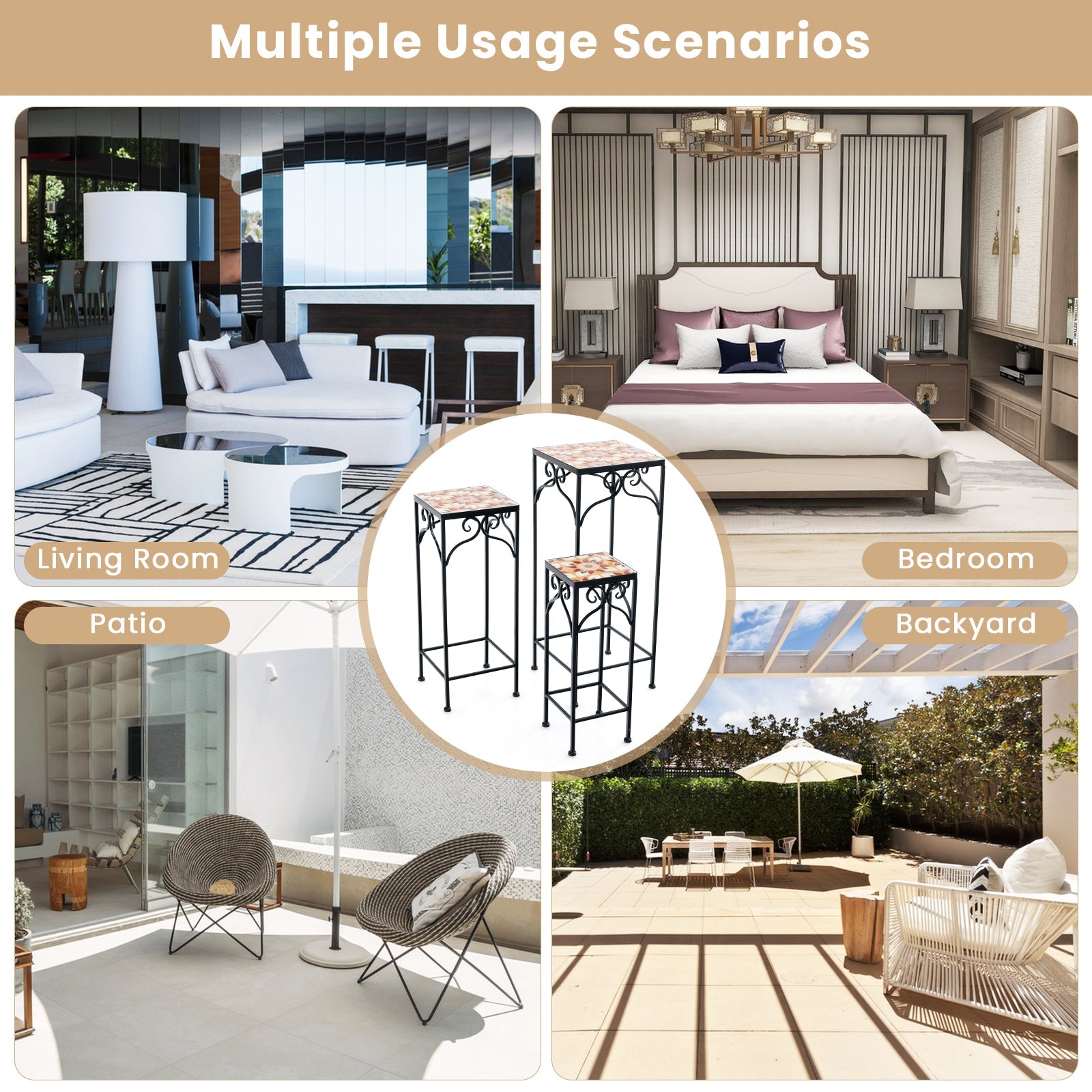 Set of 3 Metal Plant Stands with Mosaic Tile - Blue Accent Furniture for Indoor/Outdoor Gardening - Ideal Solution for Displaying Plants in Style