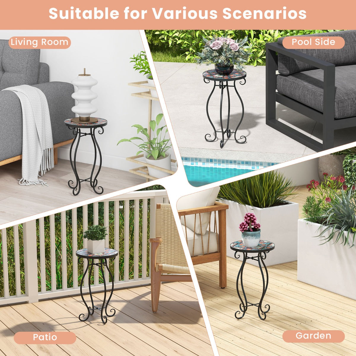 Mosaic Round Plant Stand - Outdoor Decorative Fixture with Ceramic Tile Top - Ideal for Displaying Plants and Flowers