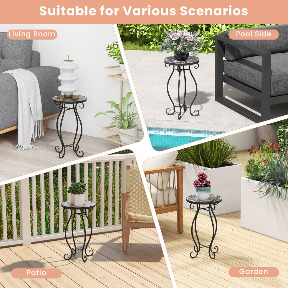 Mosaic Round Plant Stand - Outdoor Decorative Fixture with Ceramic Tile Top - Ideal for Displaying Plants and Flowers